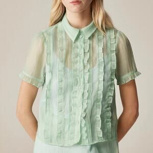 J.Crew Sheer Ruffle Trim Button Up Top Green Blue Mixy Size 2 NWT